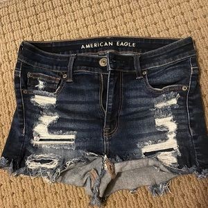 American Eagle High rise shortie dark wash ripped blue Jean shorts stretch